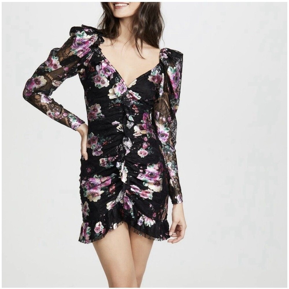 For Love & Lemons Benatar Ruffle Mini Dress M Foil Floral Lace